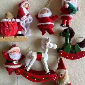 Vintage Ornaments x 7 Very Old Rare and Collectible, Santa, Bears, Rocking Horse